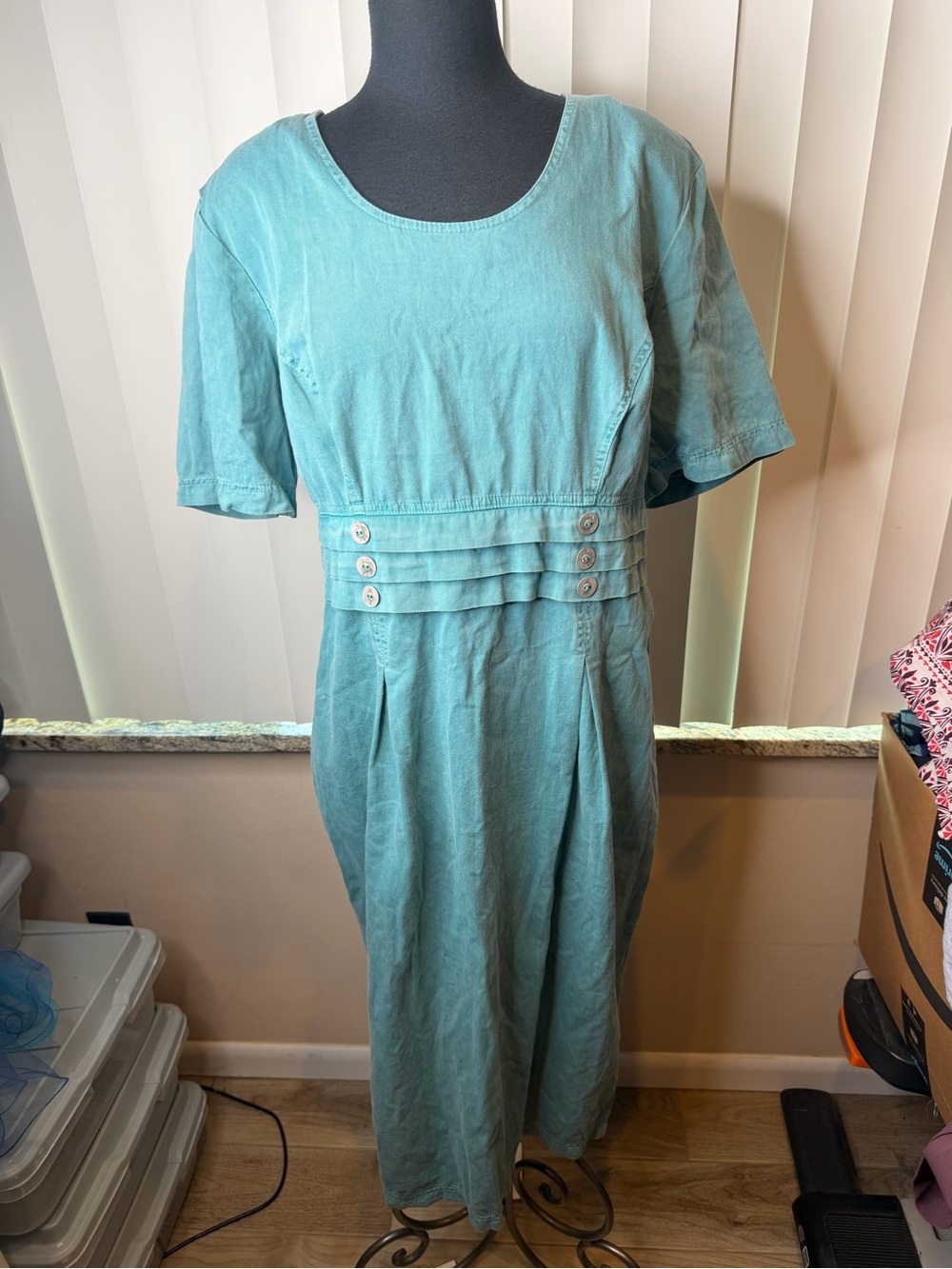 Piccalino Plus Vintage Teal Short-Sleeve Midi Dress Buttoned Waist Detail SZ 20